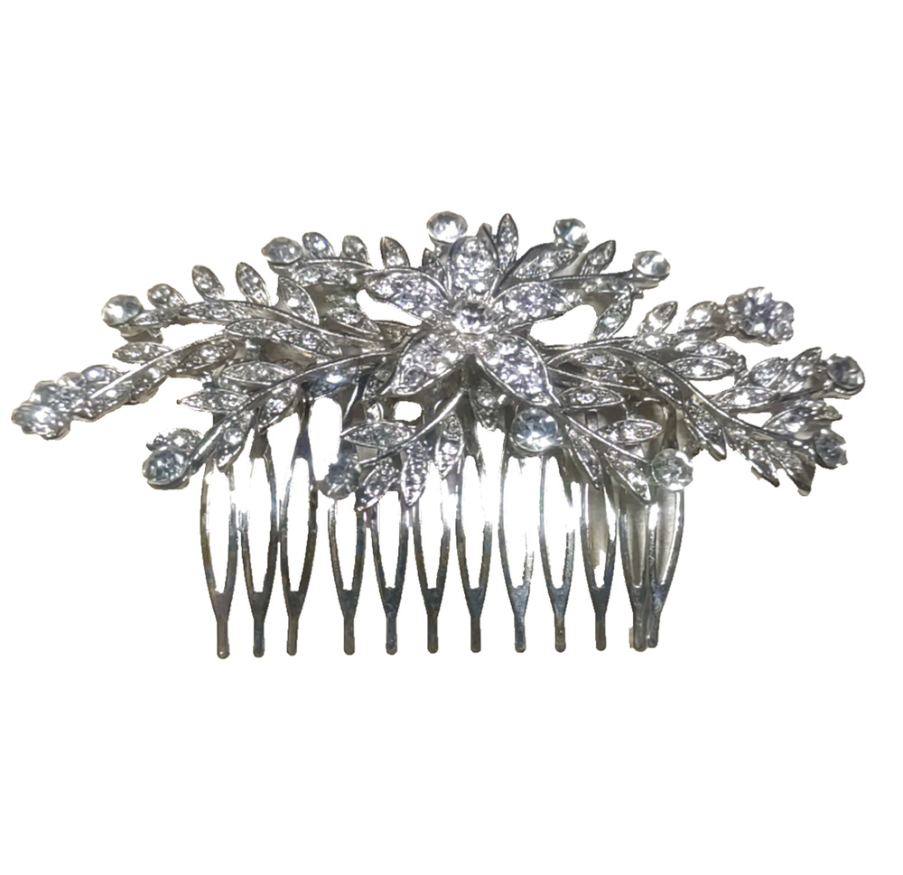 Wedding Party Hair Comb Silver Tone Rhinestone Floral Design Large 4 1/2"...